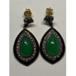 A PAIR OF ART DECO STYLE JADE ON BLACK ONYX EARRINGS WITH DIAMOND SURROUND AND YELLOW AND WHITE