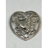 A MARKED DENMARK SILVER HEART SHAPED BROOCH WITH BIRD AND LEAF DESIGN