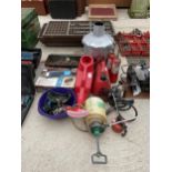 AN ASSORTMENT OF ITEMS TO INCLUDE A VINTAGE BLOW TORCH, A BLACK AND DECKER HEAT GUN AND NUTS AND