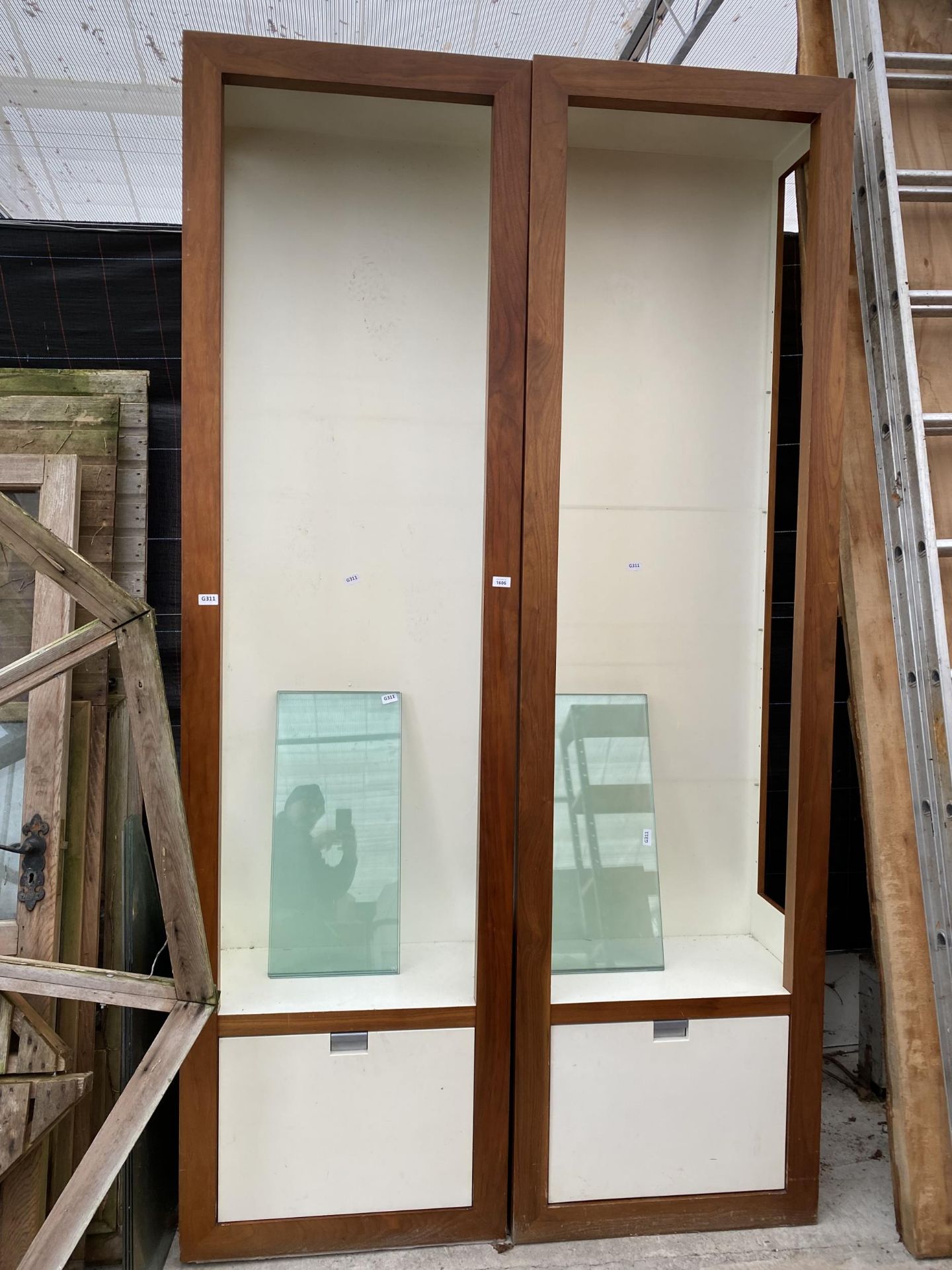 TWO WOODEN GLASS SHELVED SHOP DISPLAY UNITS