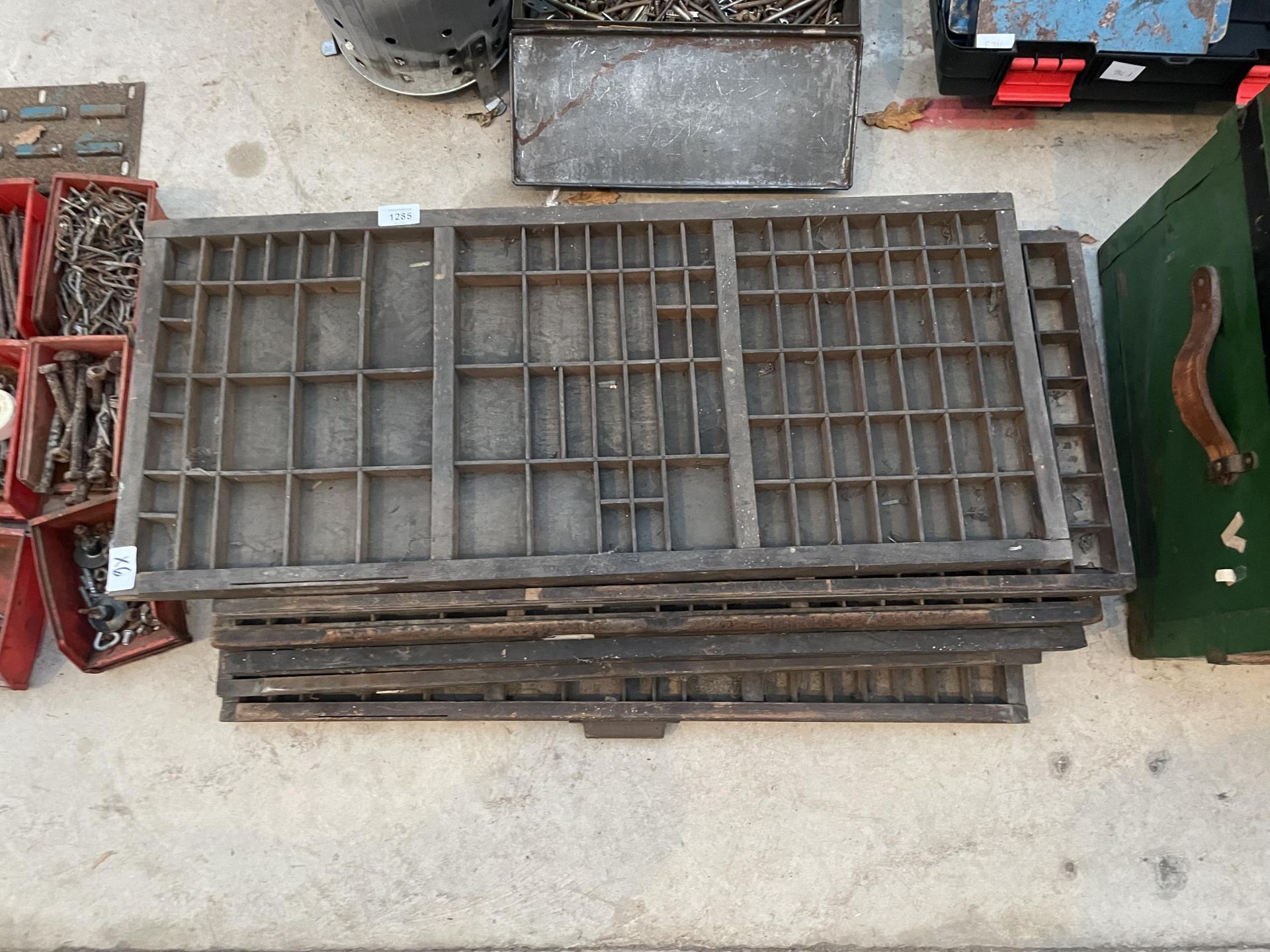 A GROUP OF SIX VINTAGE WOODEN PRINTERS TRAYS - Image 2 of 2