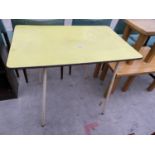 A 1950'S VIVID YELLOW FORMICA TOP TABLE, 36 X 24"