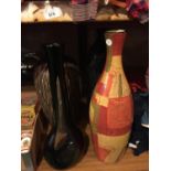 FOUR LARGE VASES TO INCLUDE A TERRACOTTA PATTERNED ONE, BLACK EMBOSSED, ETC
