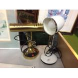 A WHITE AND CHROME ANGLE POISE STYLE LAMP AND A BRASS BANKERS STYLE LAMP