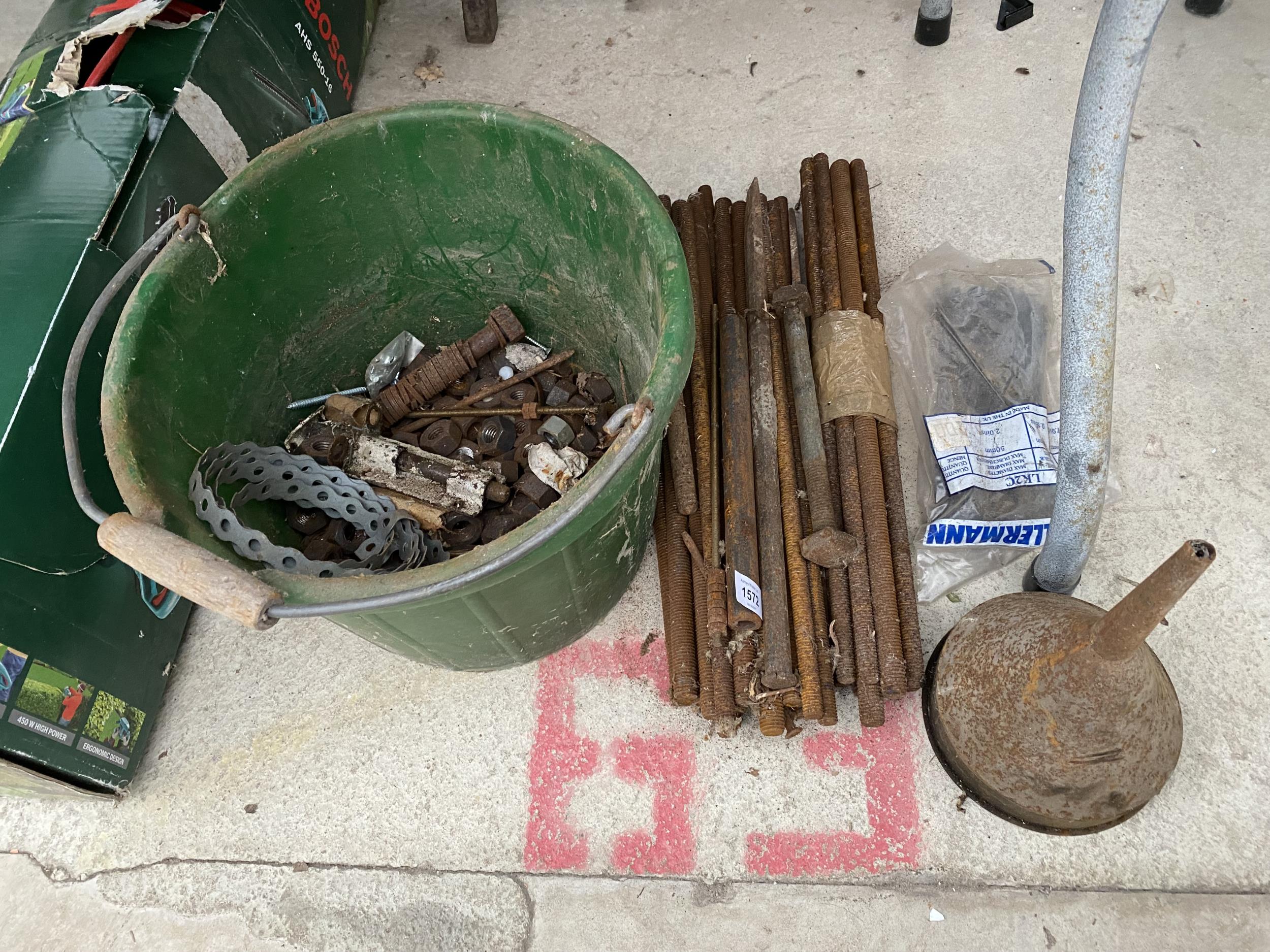 AN ASSORTMENT OF HARD WARE TO INCLUDE STEEL RODS, NUTS AND BOLTS AND A FUNNEL ETC