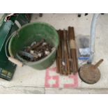 AN ASSORTMENT OF HARD WARE TO INCLUDE STEEL RODS, NUTS AND BOLTS AND A FUNNEL ETC