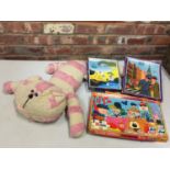 A LARGE VINTAGE BAGPUSS SOFT TOY, FOUR VINTAGE WOODEN JIGSAWS TO INCLUDE TWO MAGIC ROUNDABOUT