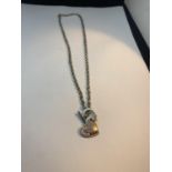 A MARKED SILVER NECKLACE WITH A T BAR CLASP AND A HEART FOB WITH COLOURED STONE DESIGN