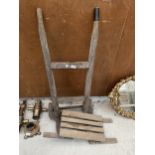 A VINTAGE WOODEN SACK TRUCK AND A FURTHER FOLDING WOODEN STAND
