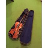 A CASED VIOLIN AND BOW, CASE NEEDS RESTORING, VIOLIN AND BOW NEED RE-STRINGING