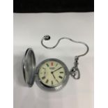 A BOXED SEKONDA CHROME POCKET WATCH WITH BIRD DESIGN SEEN WORKING BUT NO WARRANTY IN A