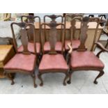 A SET OF SIX QUEEN ANNE STYLE DINING CHAIRS ON CABRIOLE LEGS WITH SHELL CARVED DECORATION TO THE