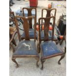 FIVE BEECH FRAMED GEORGIAN STYLE DINING CHAIRS AND TWO MATERIAL COVERED OCCASIONAL TABLES