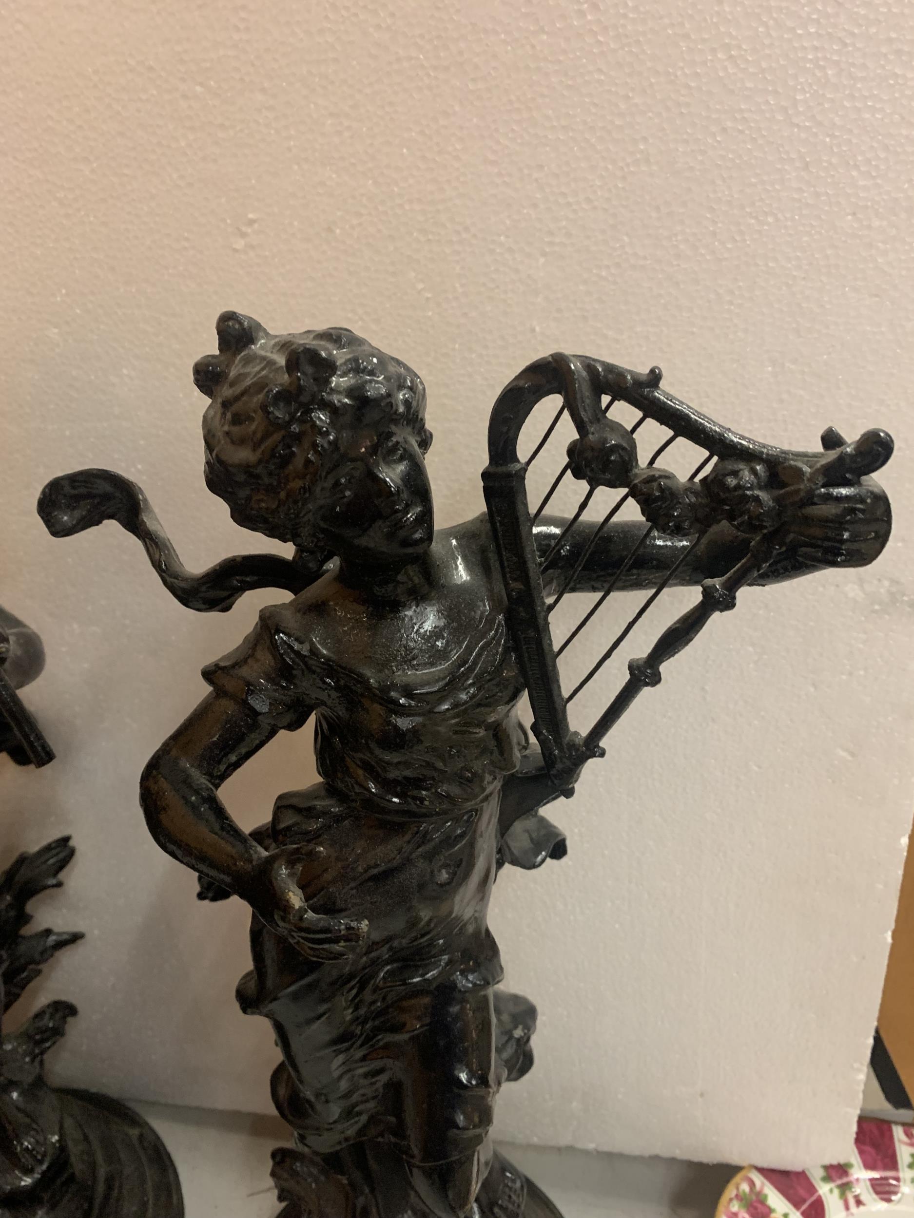 TWO RESIN FIGURINES ON A WOODEN BASES OF LADIES PLAYING MUSICAL INSTRUMENTS 51CM TALL - Image 2 of 3