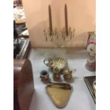 VARIOUS COLLECTABLES TO INCLUDE A GLASS CANDLEABRA, PLATED MUSTARD SALT AND MUSTARD POT, SHELL DISH,