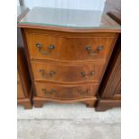 A REPRODUCTION YEW WOOD SERPENTINE CHEST OF THREE DRAWERS, 20" WIDE