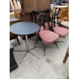 A 1970'S TABLE, 24" DIAMETER, ON POLISHED CHROME BASE AND FOUR MATCHING CHAIRS WITH SHAPED PLASTIC