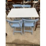 A MODERN KITCHEN/PATIO TABLE AND FOUR PAITED FOLDING CHAIRS, 41 X 27"