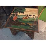 A POKER WORK TABLE DEPICTING A TRADITIONAL RURAL SCENE ON SHAPED LEGS