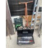 AN ASSORTMENT OF ITEMS TO INCLUDE A TOOL BOX AND CONTENTS OF SPANNERS, AN ELECTRIC HAMMER DRILL