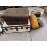 TWO VINTAGE TRAVEL TRUNKS AND THREE SLEEPING BAGS