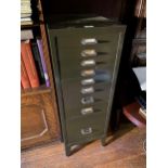A VINTAGE NINE DRAWER MINIATURE FILING CABINET AND A TWO DRAWER FILING CABINET