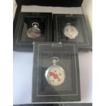 THREE BOXED WHITE METAL POCKET WATCHES WITH VARIOUS DESIGNS