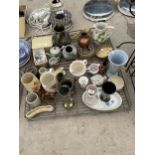 AN ASSORTMENT OF CERAMIC ITEMS TO INCLUDE SYLVAC JUGS AND VASES, FURTHER VASES AND A COPPER JUG ETC