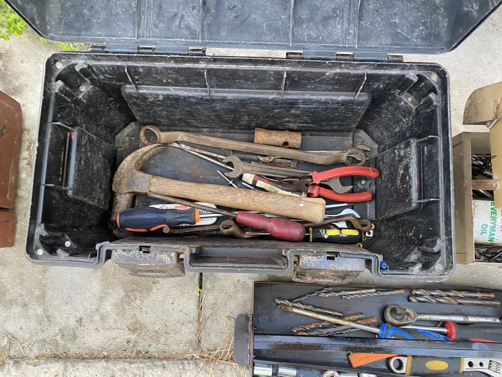 TWO TOOL BOXES AND AN ASSORTMENT OF TOOLS TO INCLUDE DRILL BITS SPANNERS AND HAMMERS ETC - Image 2 of 4