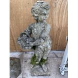 A RECONSTITUTED STONE FIGURE OF A YOUNG CHILD CARRYING A BASKET (H:75CM)