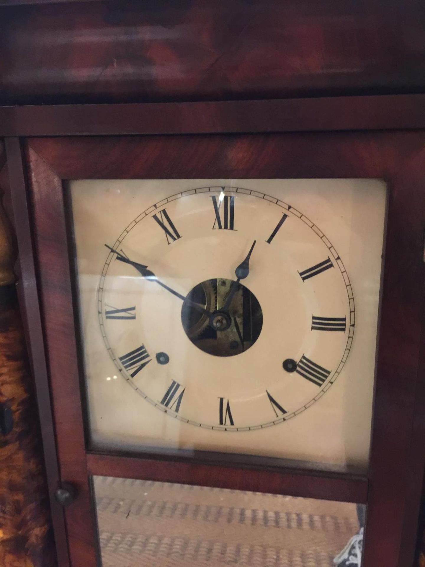 A VINTAGE STYLE WOODEN CASED WALL CLOCK WITH COLUMNS AND FLORAL DECORATED FRONT, COMPLETE WITH - Image 2 of 4