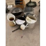 AN ASSORTMENT OF ITEMS TO INCLUDE TWO WATERING CANS, A CERAMIC JUG AND TWO GALVANISED MOP BUCKETS