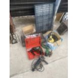 AN ASSORTMENT OF ITEMS TO INCLUDE AN ANGLE GRINDER, TWO DRILLS AND A PET CRATE ETC