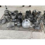AN ASSORTMENT OF PEWTER TANKARDS, TEAPOTS AND TRAYS ETC