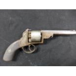 A .44 CALIBRE PERCUSSION CAP SIX SHOT DOUBLE ACTION REVOLVER, 14.5CM BARREL MARKED SLINGSBY RETFORD