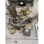 AN ASSORTMENT OF ITEMS TO INCLUDE BRASS BLOW TORCHES, CANDLESTICK AND SHOE HORNS ETC