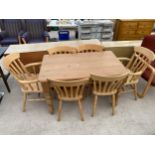 A MODERN VICTORIAN STYLE PINE KITCHEN TABLE, 48 X 30", ON TURNED LEGS, TOGETHER WITH SIX CHAIRS, TWO