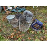 FOUR GALVANISED BUCKETS, SOIL SIEVE, ETC