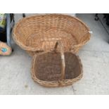 A WICKER PET BED AND A FURTHER WICKER BASKET