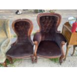 VICTORIAN MAHOGANY LADIES AND GENTLEMANS FIRESIDE CHAIRS WITH BUTTON BACKS