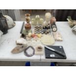 AN ASSORTMENT OF ITEMS TO INCLUDE GEOLOGIC ROCKS, A CHESS SET AND CLOCKS ETC