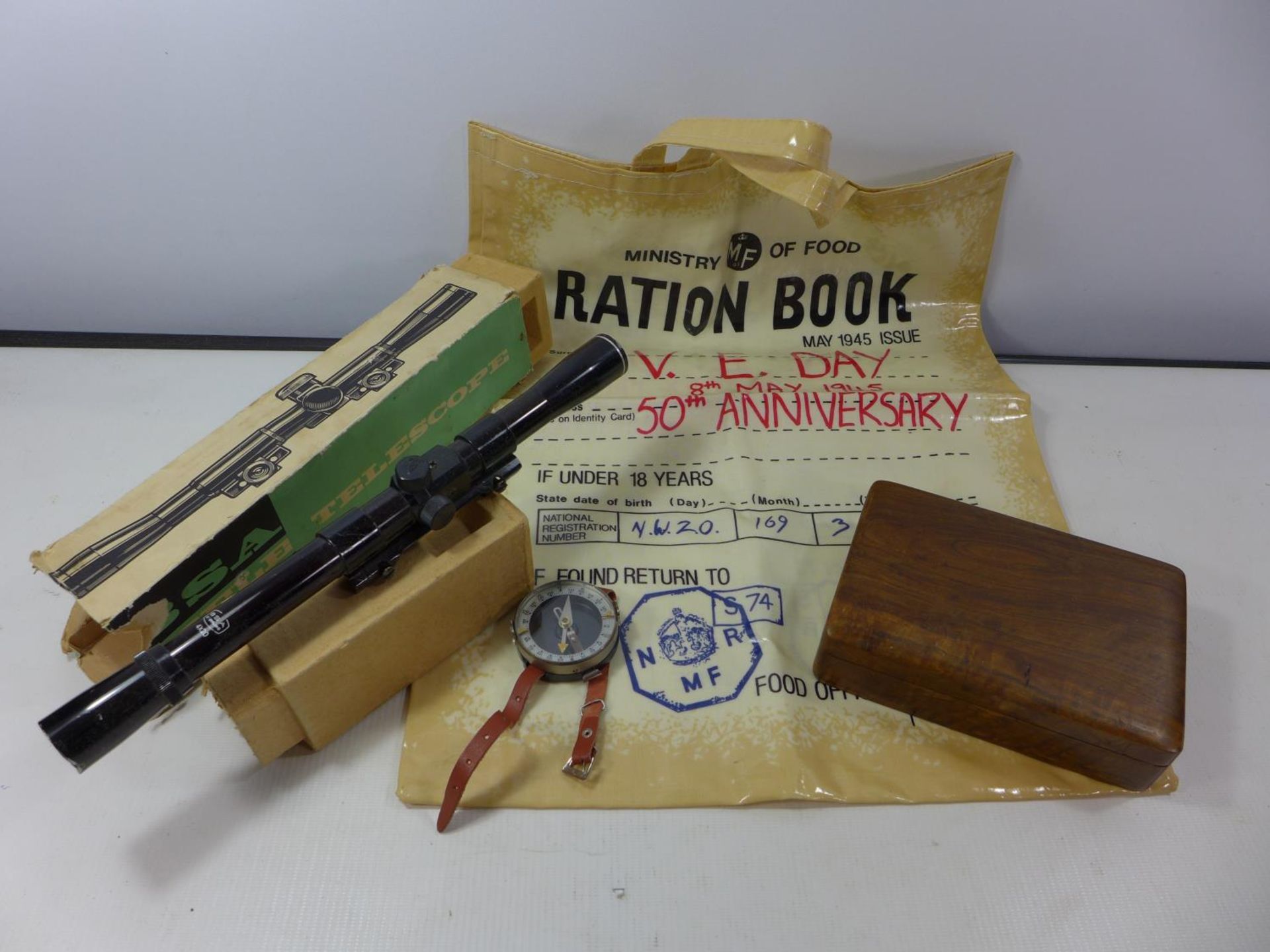 A BOXED B.S.A. 4 X 20 TELESCOPIC SIGHTS, WOODEN BOX, WRIST WORN COMPASS AND MINISTRY OF FOOD "V.E.