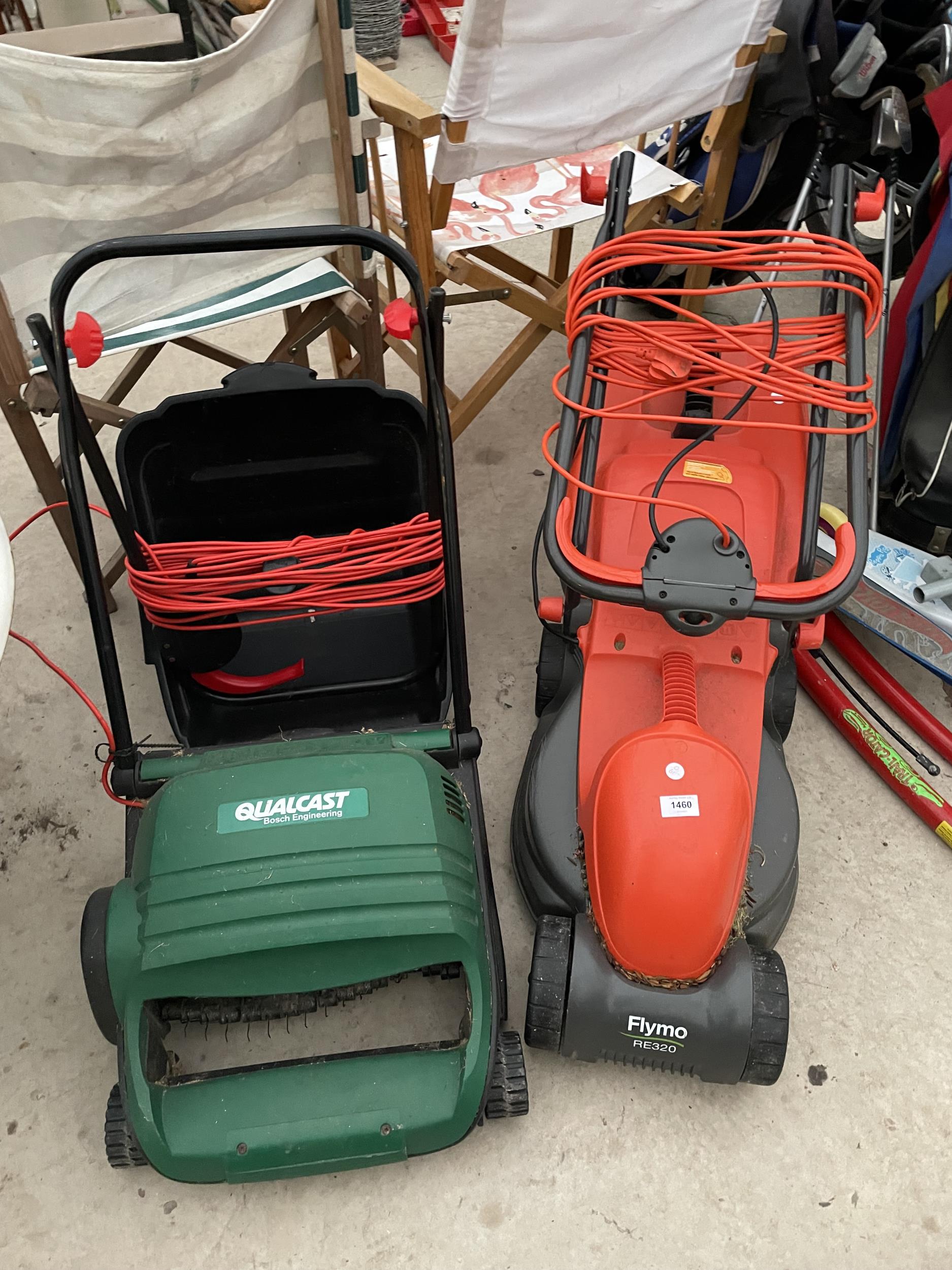 AN ELECTRIC FLYMO LAWNMOWER AND A QUALCAST LAWN RAKE