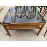 A RETRO TEAK COFFEE TABLE WITH GLASS TOP, 24" SQUARE