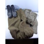 A PAIR OF BRITISH ARMY TROUSERS, SIZE 11 DATED 1956, A PAIR OF BOOTS, SHIRT, TWO PAIRS OF PUTTEES