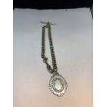 A SILVER DOUBLE ALBERT CHAIN AND FOB