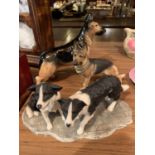 A CERAMIC FIGURE OF A GERMAN SHEPHERD DOG, TWO COLLIE DOGS AND AN ALSATION