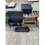 TWO TOOL BOXES AND AN ASSORTMENT OF TOOLS TO INCLUDE DRILL BITS SPANNERS AND HAMMERS ETC
