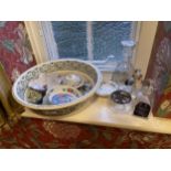 A CERAMIC BOWL AND VARIOUS GLASS BOTTLES