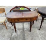 A VICTORIAN MAHOGANY CONSOLE TABLE WITH SINGLE DRAWER, ON TURNED AND FLUTED LEGS, 44.5" WIDE